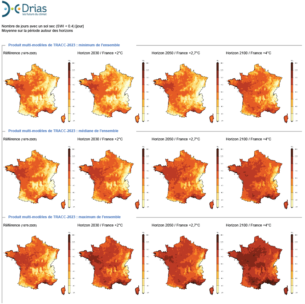 Exemple de production cartographique basée sur les données TRACC-2023 à l'échelle de la France hexagonale. (Source : Météo France / DRIAS-Climat)